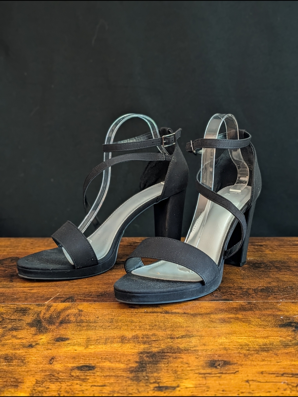 C&M Black Strappy Platform Sandals 12W Wide Ankle Buckle Chunky Heels Club Wear